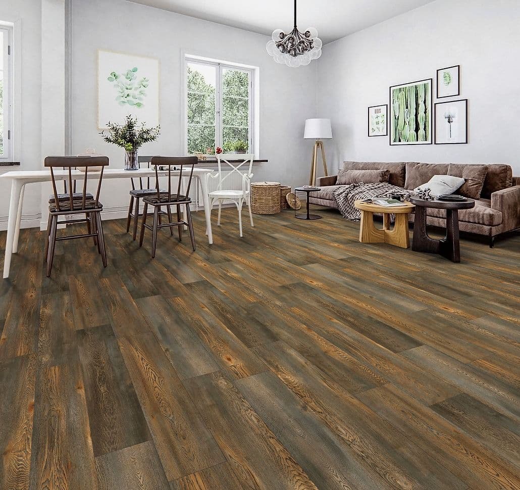 A living area with a kitchen and chairs, couch, and dark brown vinyl plank flooring.